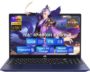 NIMO 15.6" IPS FHD-Gaming-Laptop, 8 Cores AMD Ryzen 7 6800H 32GB DDR5 RAM 1TB SSD (Beat Intel i7-12700H, Up to 4.7GHz) AMD Radeon 680M GPU-Computer with 100W Type-C Backlit Keyboard, Fingerprint
