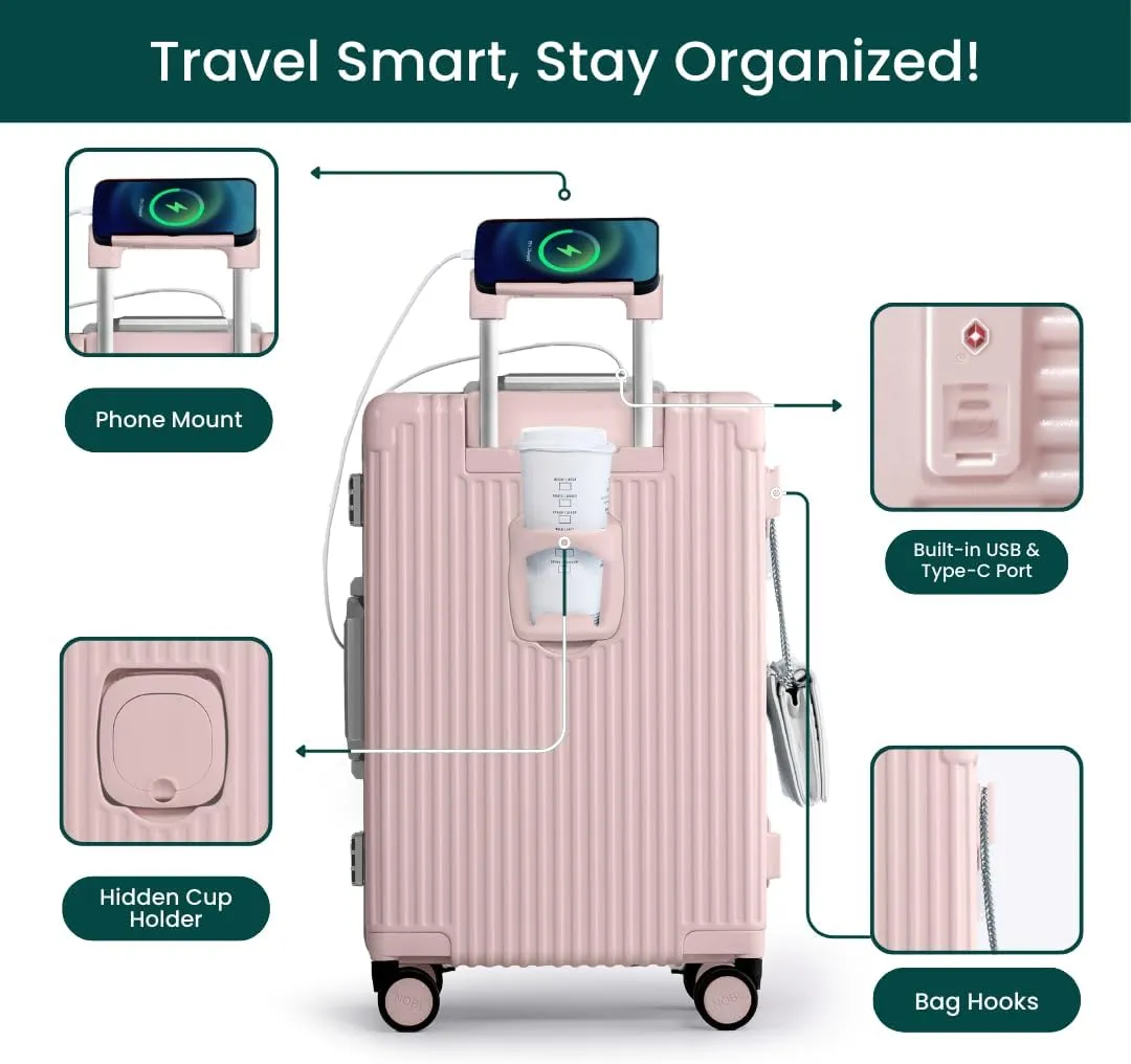 Nobl Travel Carry On Luggage, Noble Zipperless Aluminum Frame PC Hard Shell Suitcase, 23.5x15.5x10 Airline Approved, 360° Spinner Wheels, TSA Locks, USB Charging Port, Cup & Phone Holder - Pink