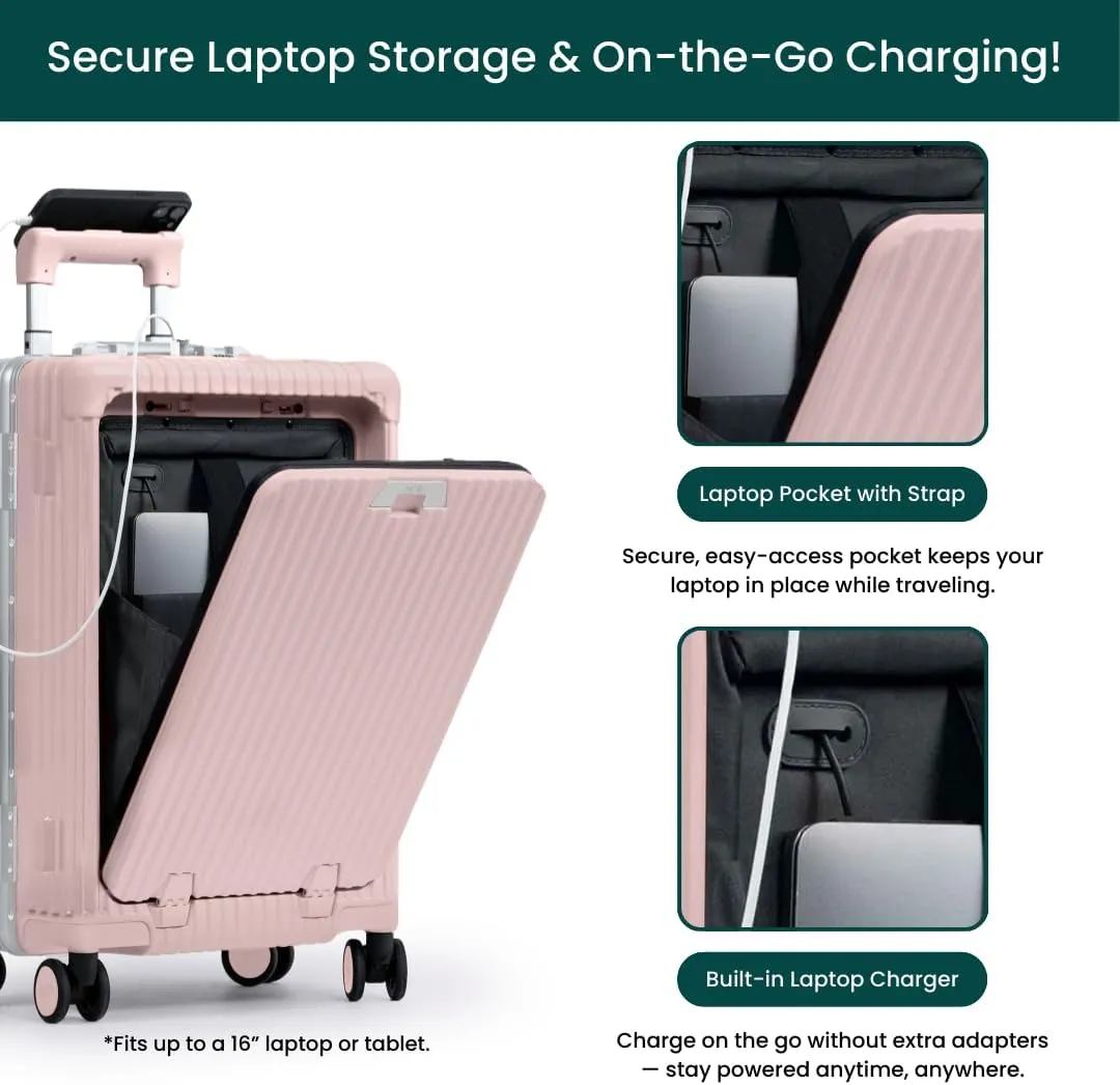 Nobl Travel Carry On Luggage, Noble Zipperless Aluminum Frame PC Hard Shell Suitcase, 23.5x15.5x10 Airline Approved, 360° Spinner Wheels, TSA Locks, USB Charging Port, Cup & Phone Holder - Pink