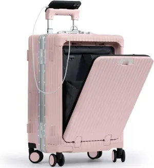 Nobl Travel Carry On Luggage, Noble Zipperless Aluminum Frame PC Hard Shell Suitcase, 23.5x15.5x10 Airline Approved, 360° Spinner Wheels, TSA Locks, USB Charging Port, Cup & Phone Holder - Pink