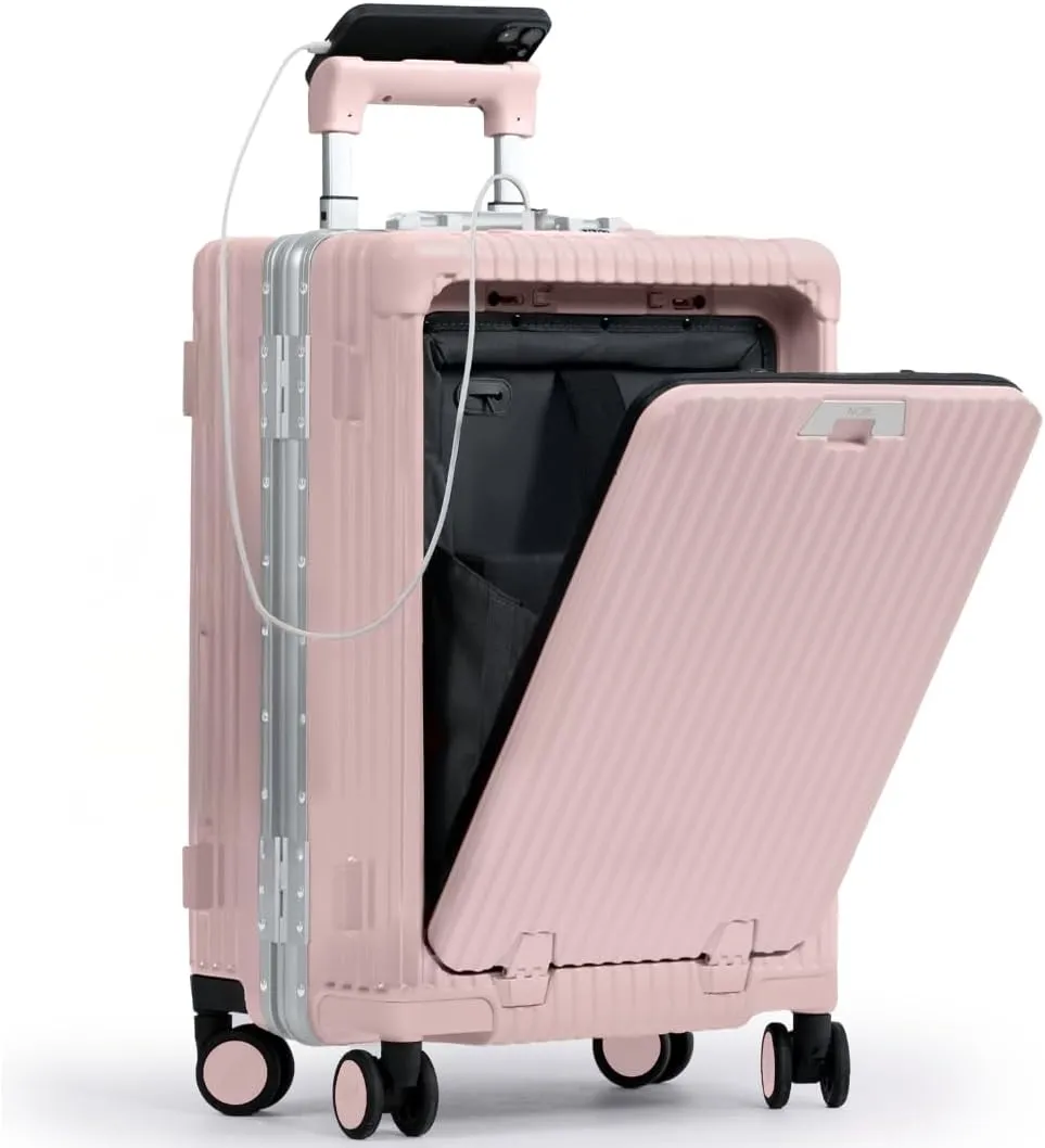 Nobl Travel Carry On Luggage, Noble Zipperless Aluminum Frame PC Hard Shell Suitcase, 23.5x15.5x10 Airline Approved, 360° Spinner Wheels, TSA Locks, USB Charging Port, Cup & Phone Holder - Pink