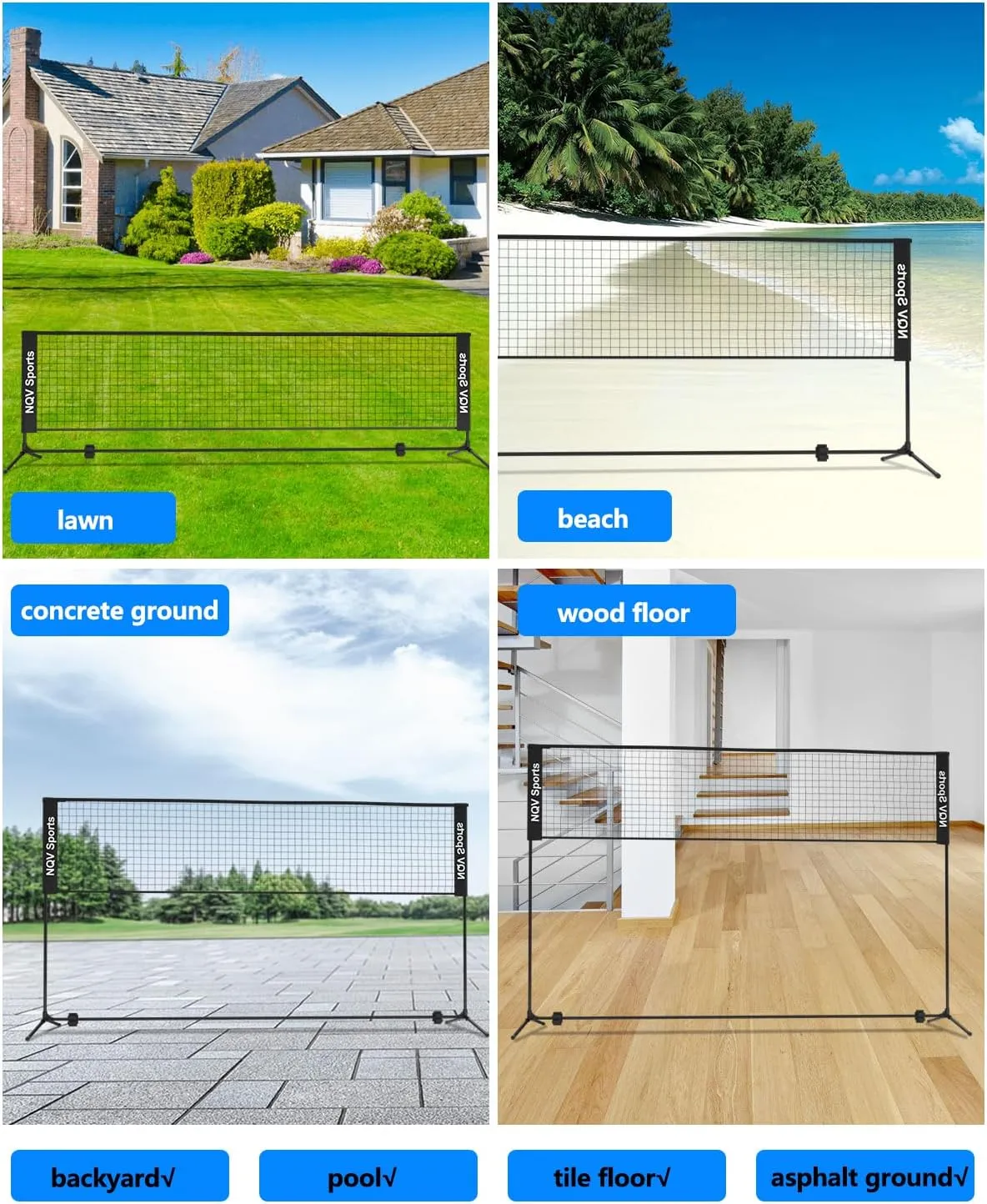 NQV 10FT Height-Adjustable Net for Pickleball Badminton Volleyball Soccer on Lawn Beach Backyard Indoor Outdoor