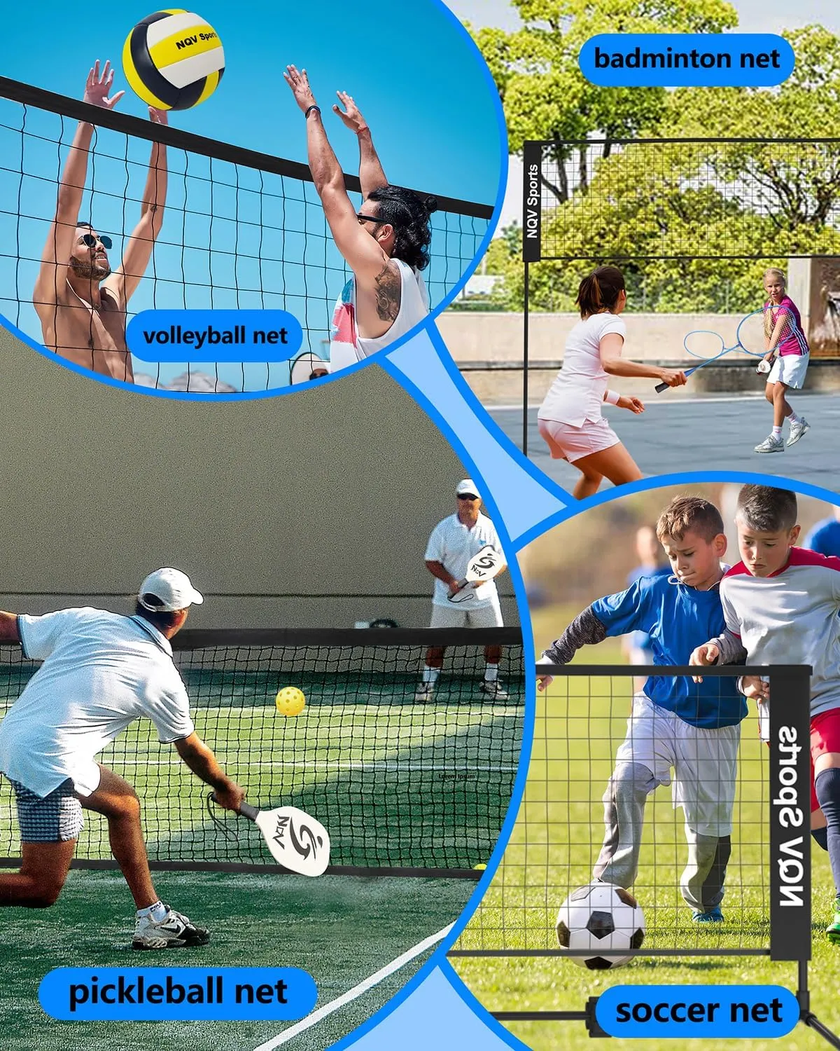 NQV 10FT Height-Adjustable Net for Pickleball Badminton Volleyball Soccer on Lawn Beach Backyard Indoor Outdoor