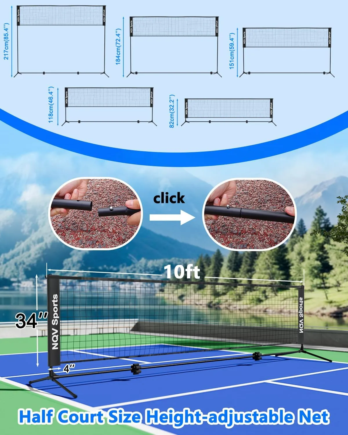 NQV 10FT Height-Adjustable Net for Pickleball Badminton Volleyball Soccer on Lawn Beach Backyard Indoor Outdoor