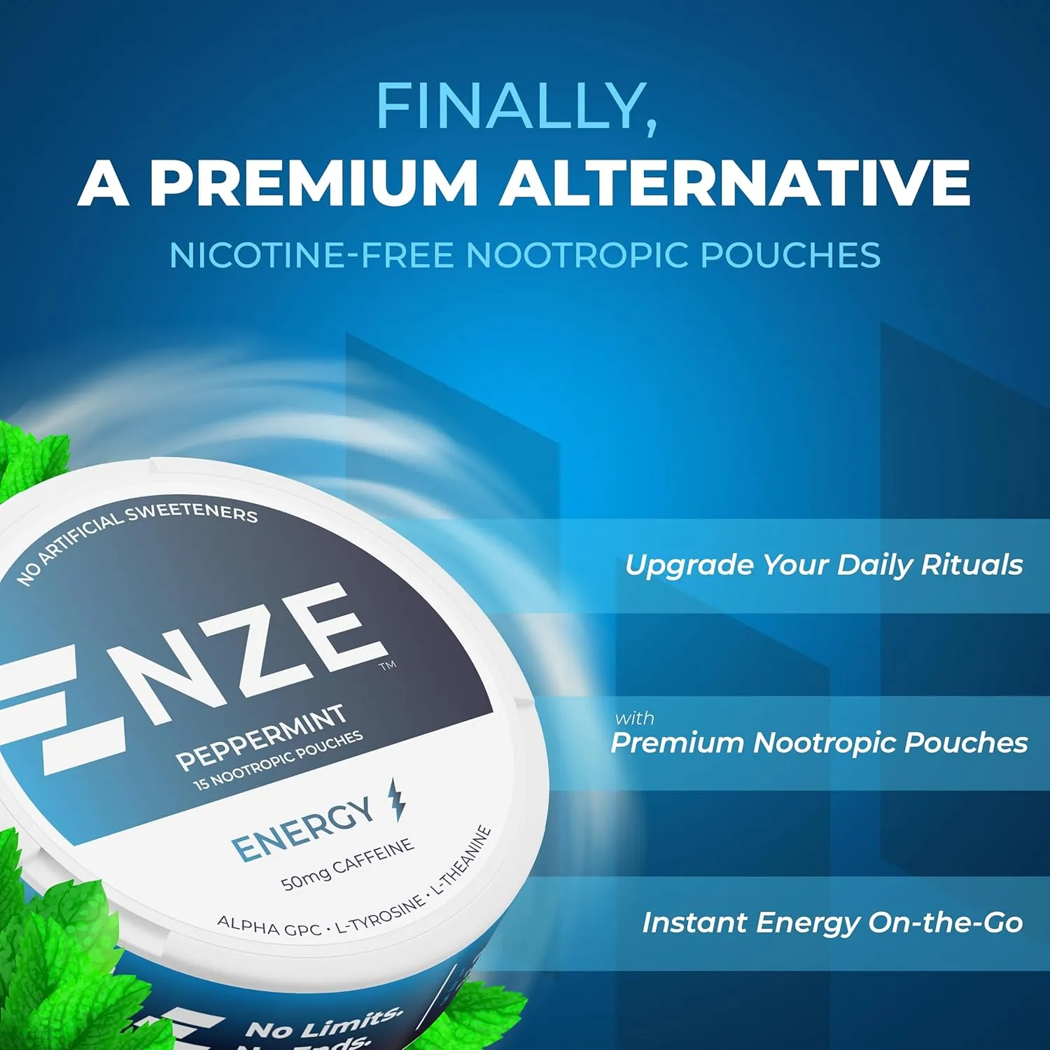 NZE Caffeine Nootropic Pouches (Peppermint) - Energy Pouches with 50mg Caffeine, Alpha GPC, L-Tyrosine & L-Theanine with No Sugar or Artificial Sweeteners - 15 Nicotine Free Pouches Per Can - 5 Pack