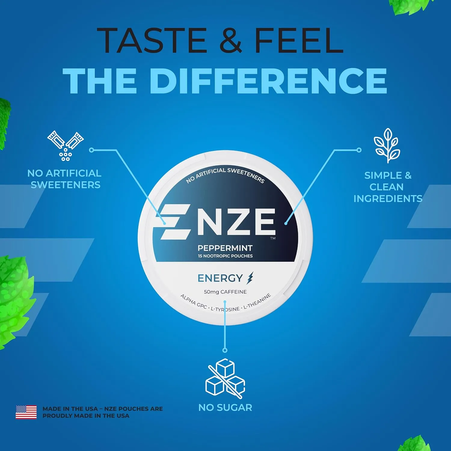 NZE Caffeine Nootropic Pouches (Peppermint) - Energy Pouches with 50mg Caffeine, Alpha GPC, L-Tyrosine & L-Theanine with No Sugar or Artificial Sweeteners - 15 Nicotine Free Pouches Per Can - 5 Pack