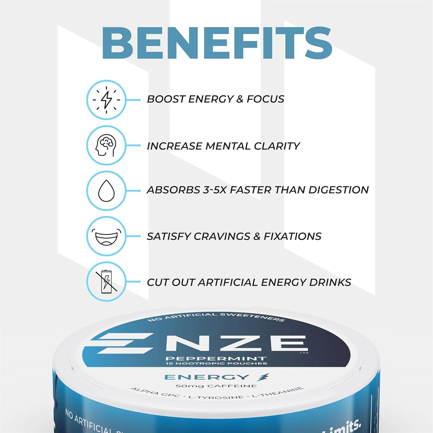 NZE Caffeine Nootropic Pouches (Peppermint) - Energy Pouches with 50mg Caffeine, Alpha GPC, L-Tyrosine & L-Theanine with No Sugar or Artificial Sweeteners - 15 Nicotine Free Pouches Per Can - 5 Pack