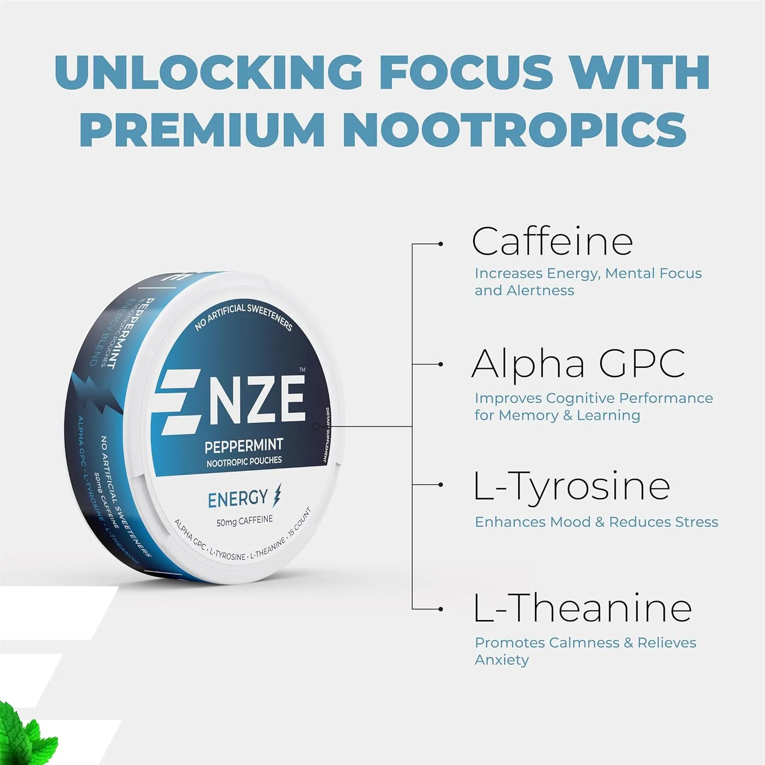 NZE Caffeine Nootropic Pouches (Peppermint) - Energy Pouches with 50mg Caffeine, Alpha GPC, L-Tyrosine & L-Theanine with No Sugar or Artificial Sweeteners - 15 Nicotine Free Pouches Per Can - 5 Pack
