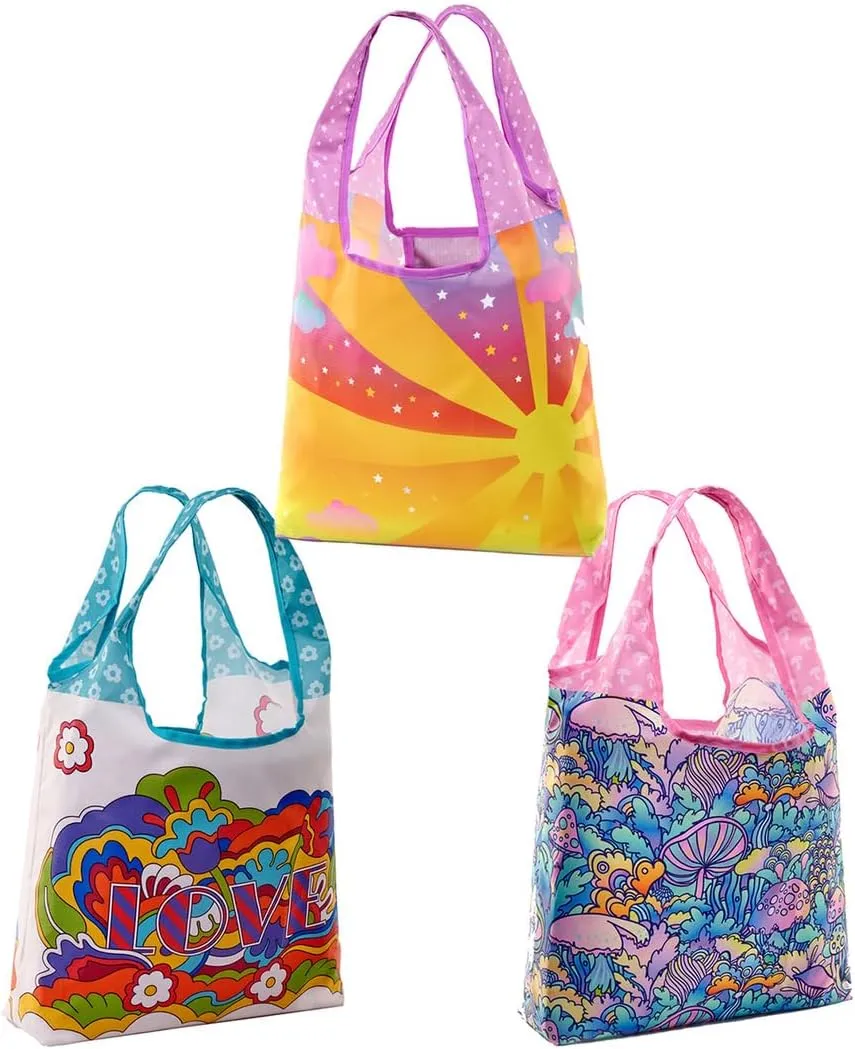 O-WITZ Reusable Grocery Bags | Vibrant Tote Bag For Groceries, Gym, Beach Gear, Toys & More | Washable With Large Handles For Maximum Convenience | Folds Into A Small Pouch, 3-pack,Psychedelics