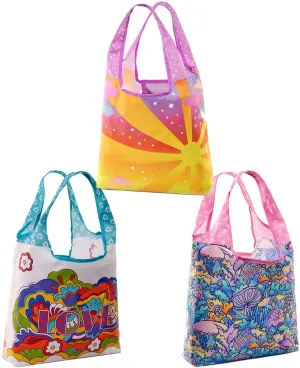 O-WITZ Reusable Grocery Bags | Vibrant Tote Bag For Groceries, Gym, Beach Gear, Toys & More | Washable With Large Handles For Maximum Convenience | Folds Into A Small Pouch, 3-pack,Psychedelics