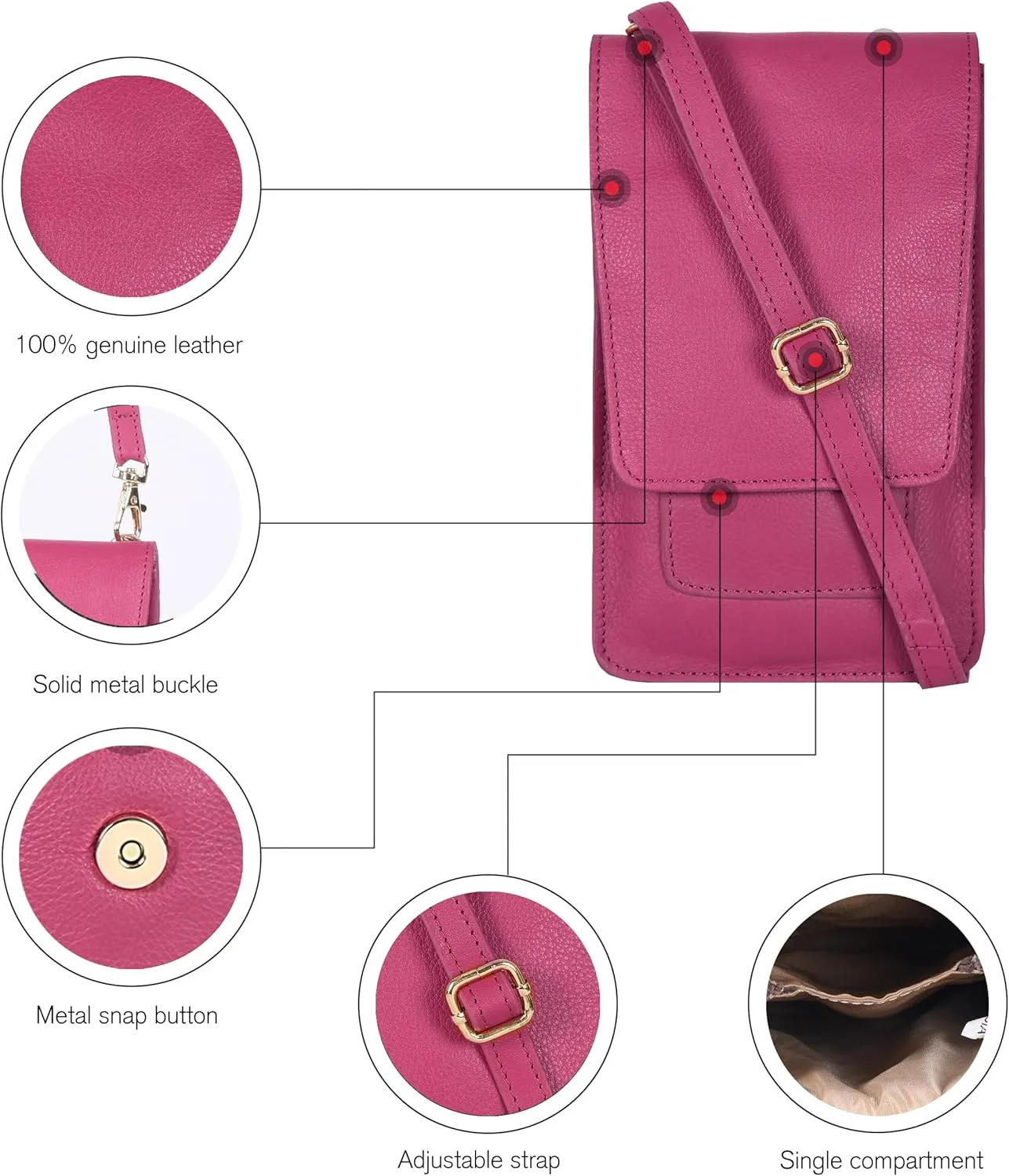 Oak Leathers Small Crossbody Bag For Women - Mini Cell Phone Purse - Crossover Wallet Bag With Adjustable Shoulder Strap