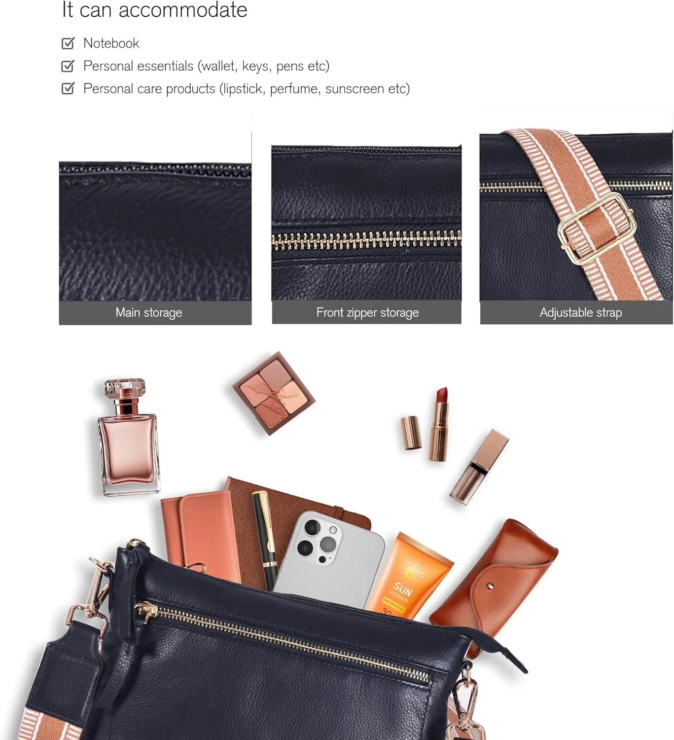 Oak Leathers Small Crossbody Bag For Women With Adjustable, Wide Strap - Real Leather Crossover Shoulder Purse