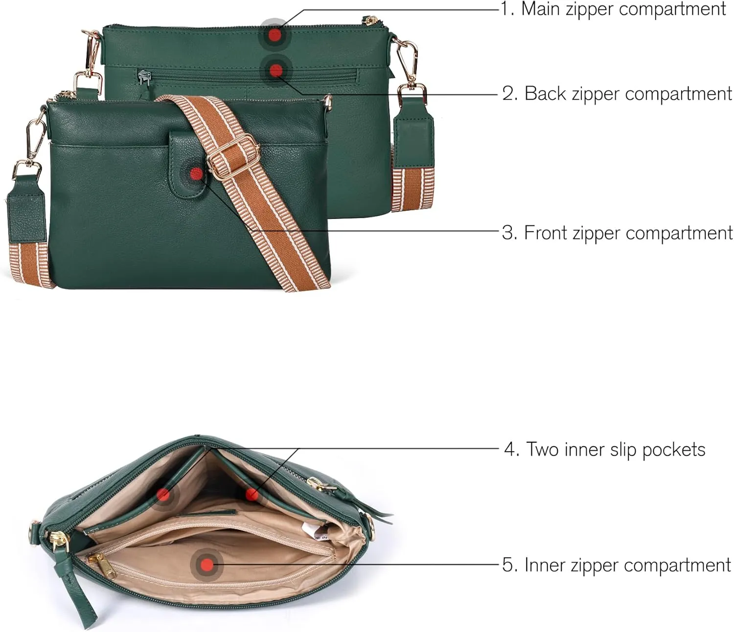Oak Leathers Small Crossbody Bag For Women With Adjustable, Wide Strap - Real Leather Crossover Shoulder Purse