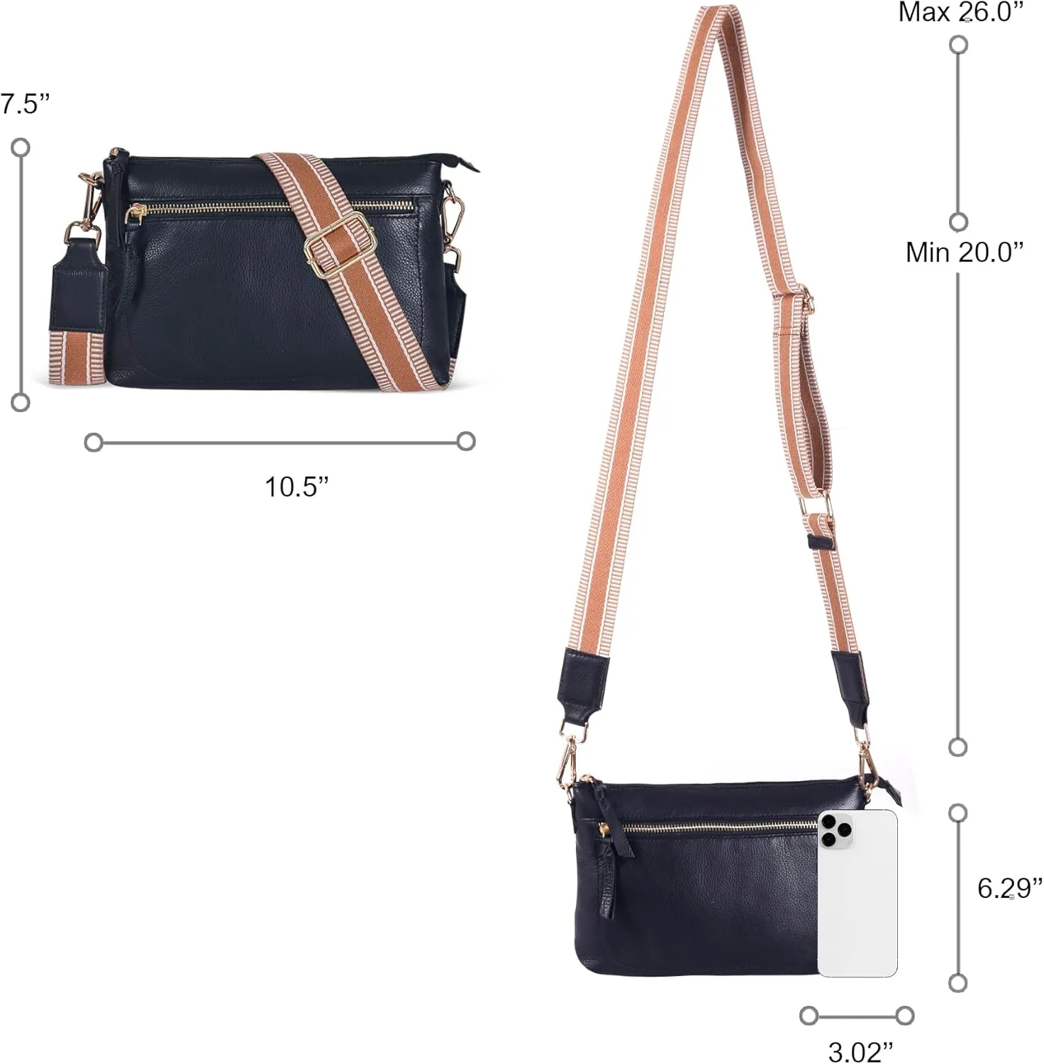 Oak Leathers Small Crossbody Bag For Women With Adjustable, Wide Strap - Real Leather Crossover Shoulder Purse