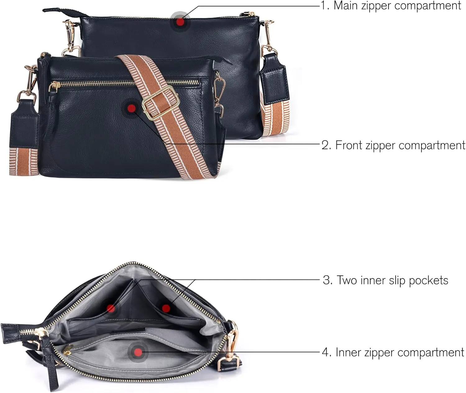 Oak Leathers Small Crossbody Bag For Women With Adjustable, Wide Strap - Real Leather Crossover Shoulder Purse