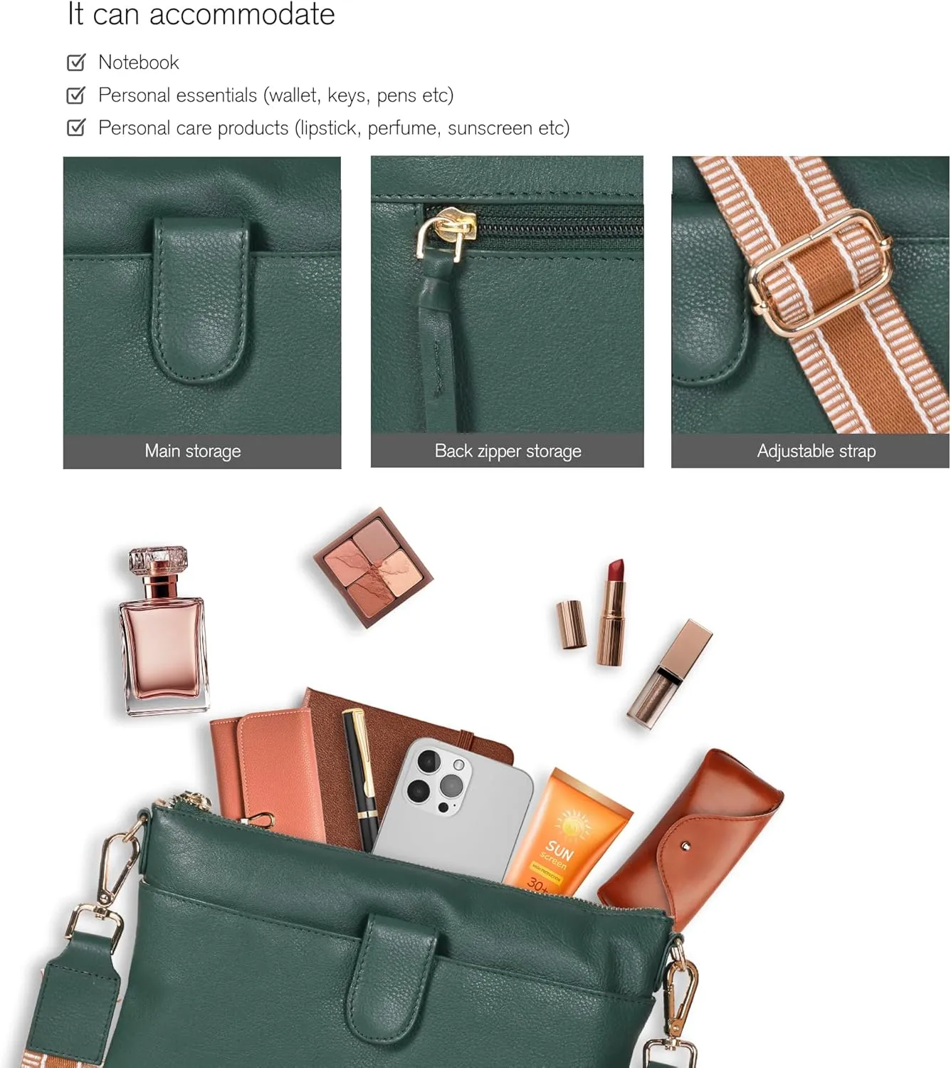 Oak Leathers Small Crossbody Bag For Women With Adjustable, Wide Strap - Real Leather Crossover Shoulder Purse