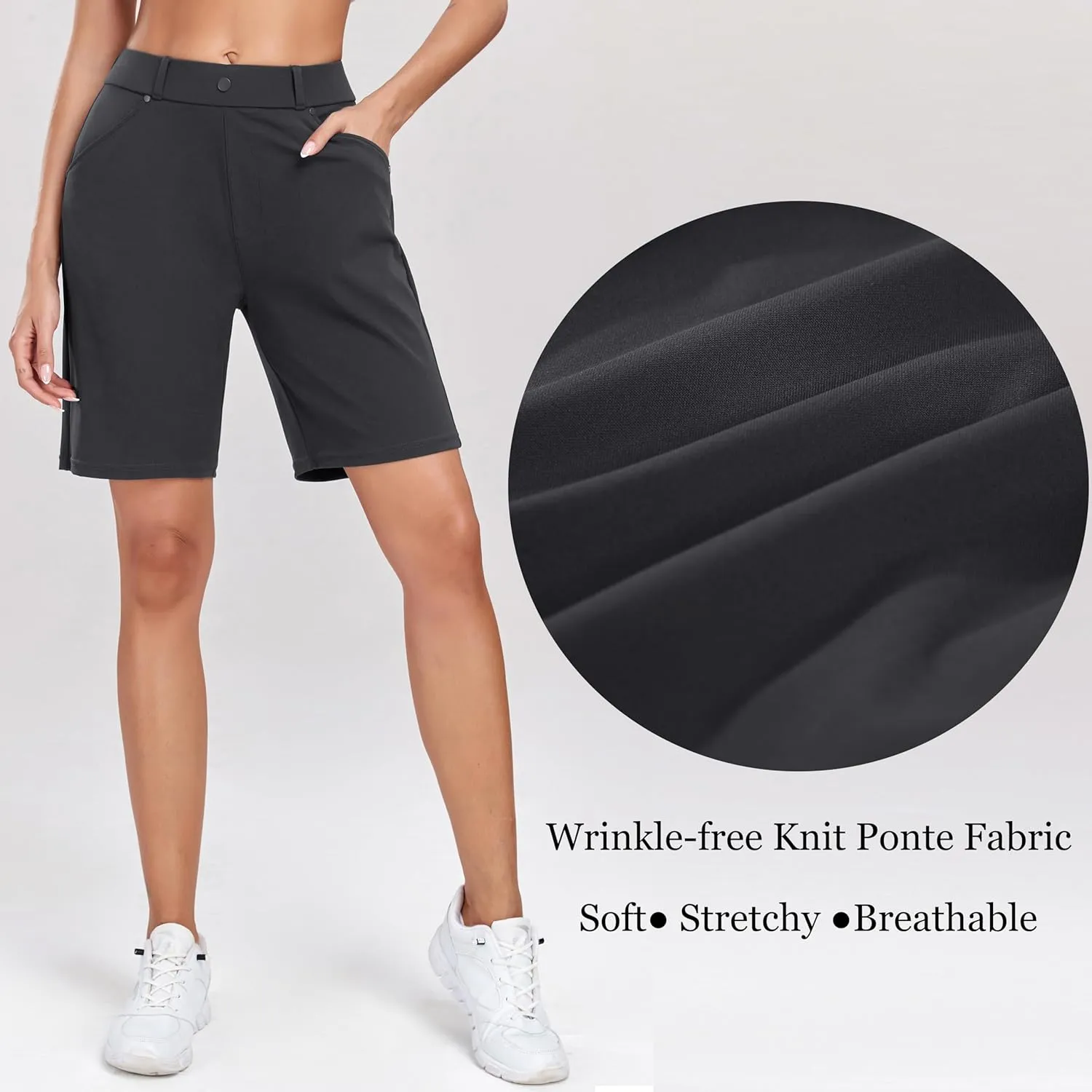 Oalka Women's Bermuda Shorts Work Casual 8" Stretchy Golf Walking Shorts Knee Length