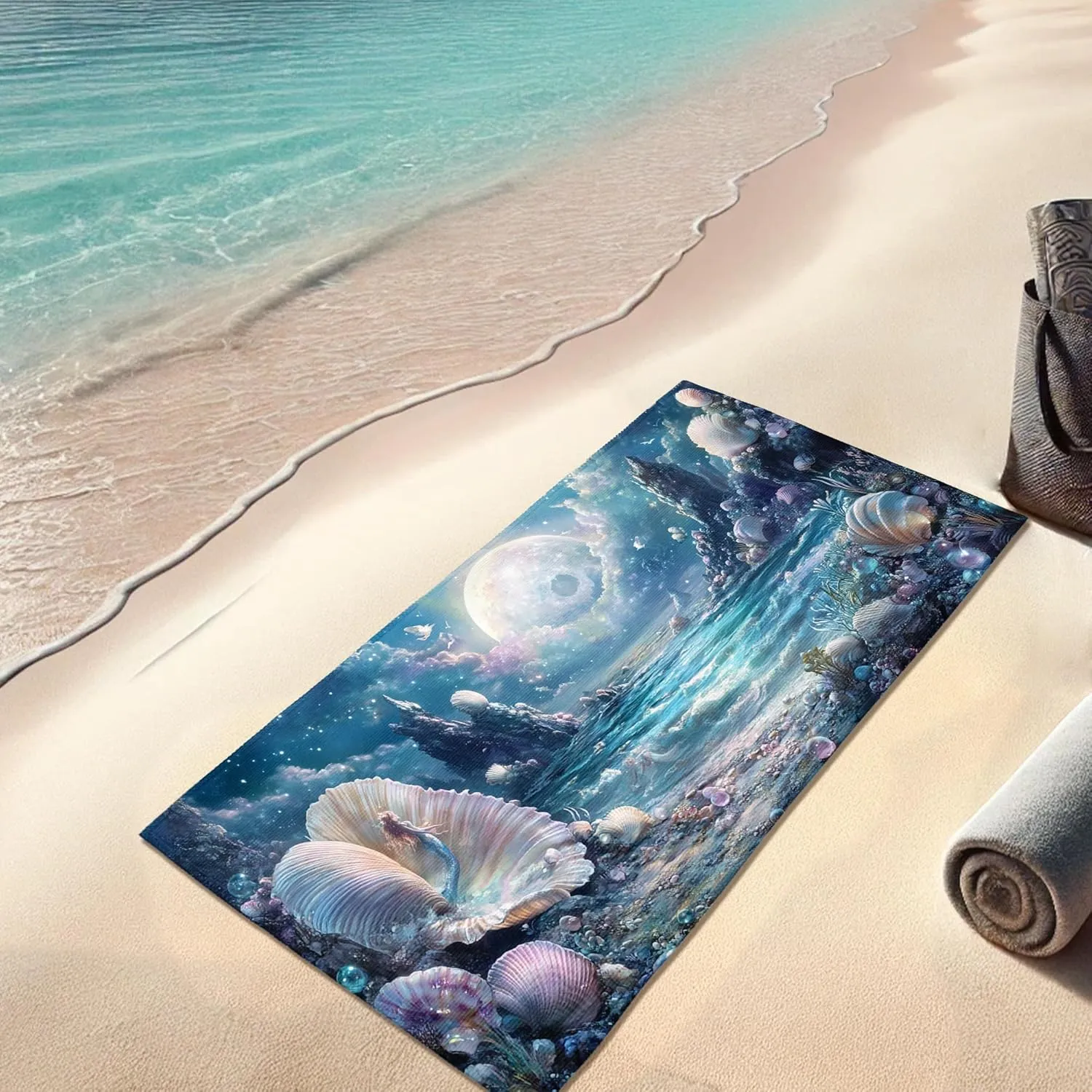 Oceanic Fantasy Microfiber Beach Towel Blue Dreamy Shells Soft Quick Dry Sand Free Oversize Lightweight Blanket, Outdoor Pool Picnic Essentials 62x31 Inch