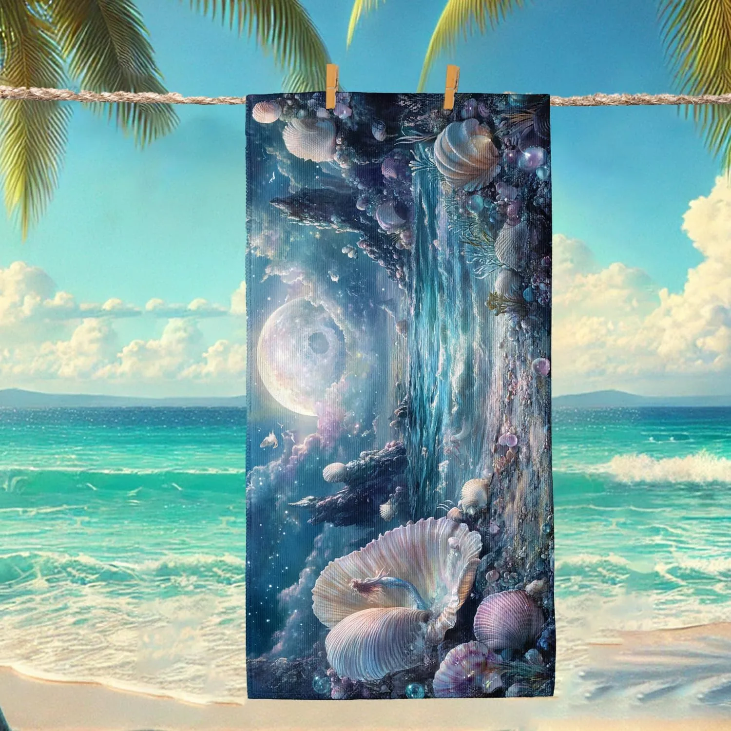 Oceanic Fantasy Microfiber Beach Towel Blue Dreamy Shells Soft Quick Dry Sand Free Oversize Lightweight Blanket, Outdoor Pool Picnic Essentials 62x31 Inch