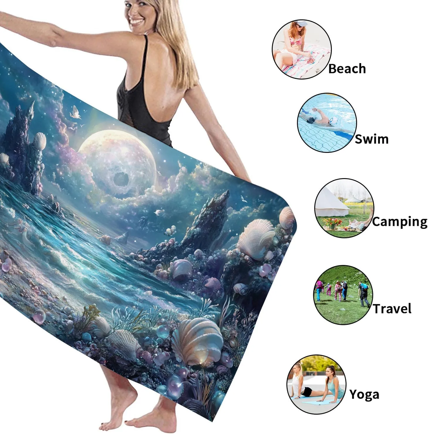 Oceanic Fantasy Microfiber Beach Towel Blue Dreamy Shells Soft Quick Dry Sand Free Oversize Lightweight Blanket, Outdoor Pool Picnic Essentials 62x31 Inch
