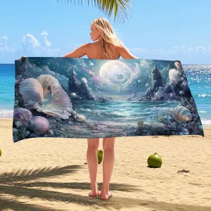 Oceanic Fantasy Microfiber Beach Towel Blue Dreamy Shells Soft Quick Dry Sand Free Oversize Lightweight Blanket, Outdoor Pool Picnic Essentials 62x31 Inch