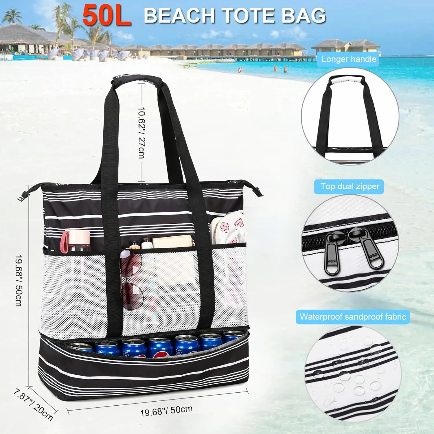 Octsky Beach Bag Tote Pool Bag with Cooler 9 Pockets Zipper Waterproof Sandproof Leakproof Xl Beach Bags for Women