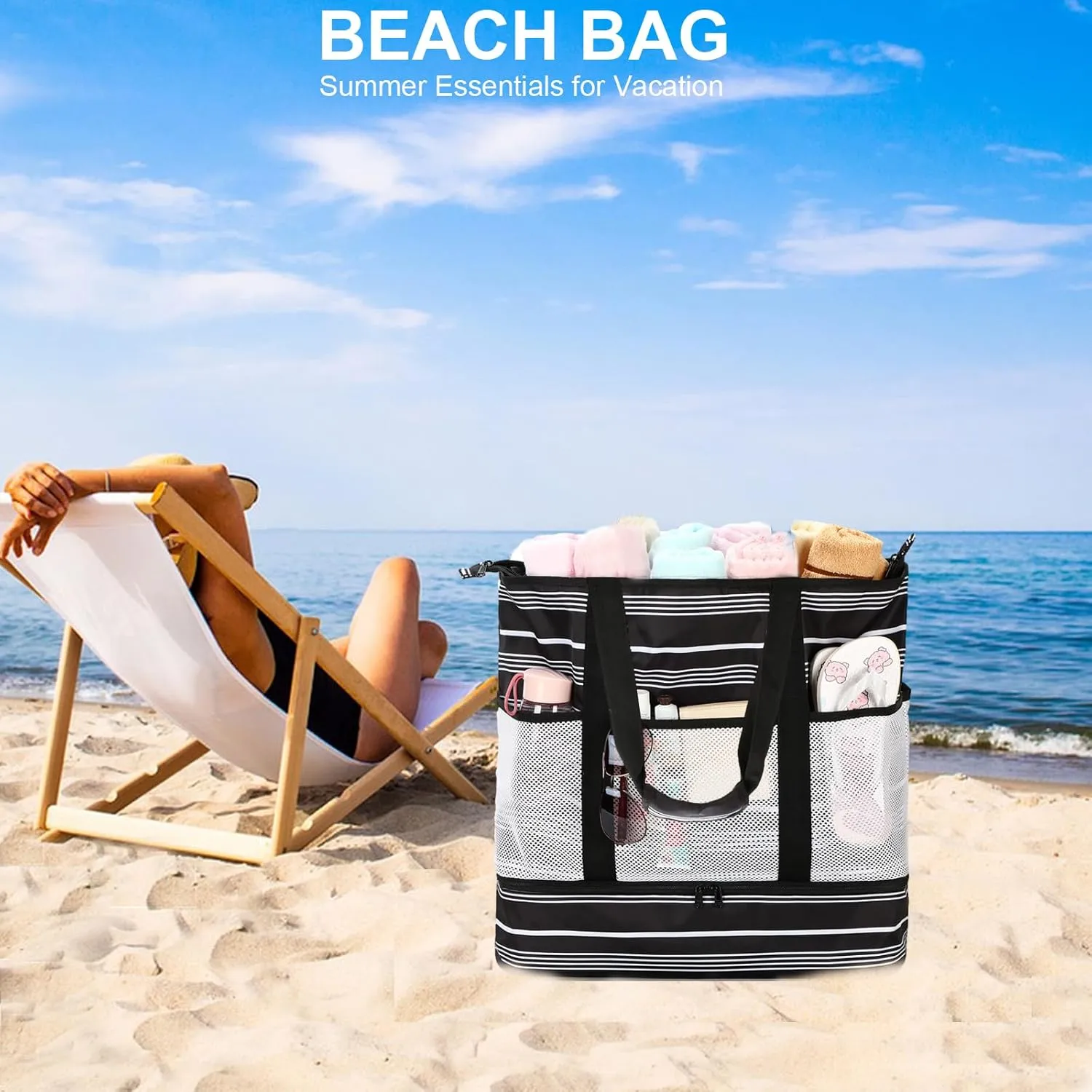 Octsky Beach Bag Tote Pool Bag with Cooler 9 Pockets Zipper Waterproof Sandproof Leakproof Xl Beach Bags for Women