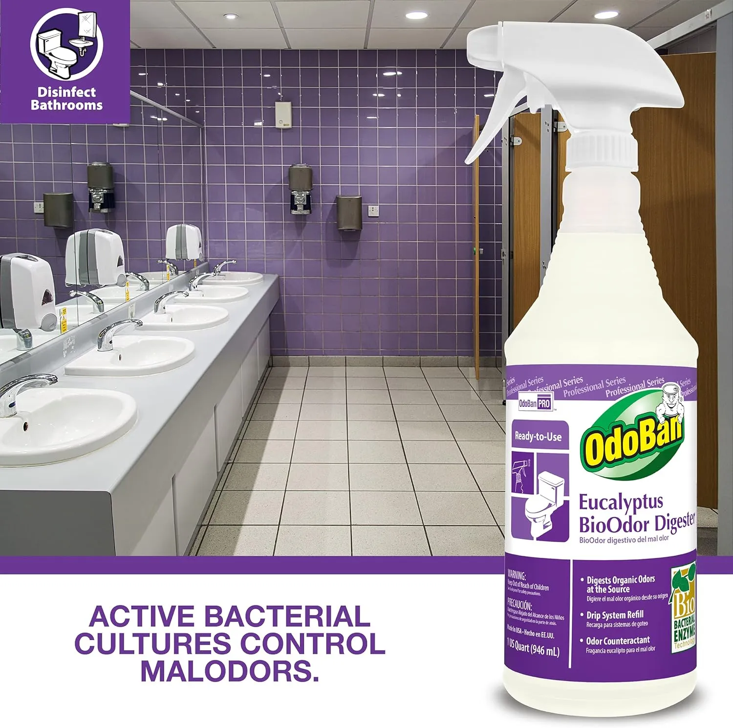 OdoBan Professional Cleaning Ready-to-Use BioOdor Digester Harsh Aroma Counteractant, 32 Ounce Spray, Eucalyptus Scent