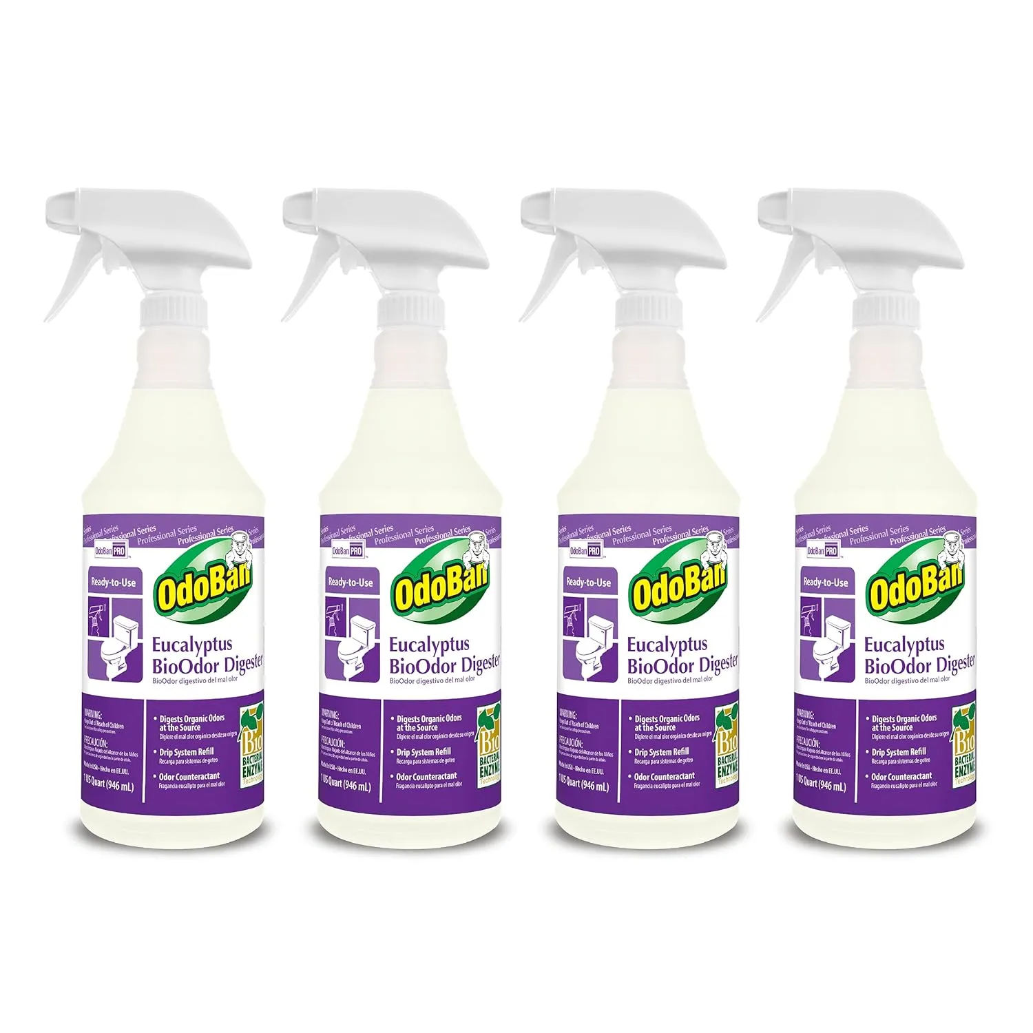 OdoBan Professional Cleaning Ready-to-Use BioOdor Digester Harsh Aroma Counteractant, 4-Pack, 32 Ounce Sprays Each, Eucalyptus Scent