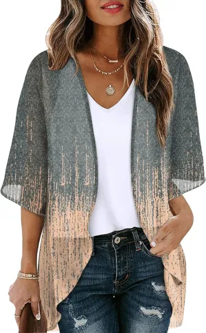 OFEEFAN Beach Cover Ups for Women 3/4 Length Sleeve Womens Tops Summer Cardigan Casual Blouses Loose Fit