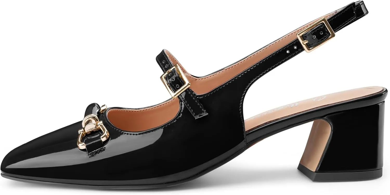 Oh Mispares Slingbacks Block Heels for Women Square Toe Low Heels Adjustable Buckle Strap Slip on Fashion Slingback Spring Summer Dress Pumps