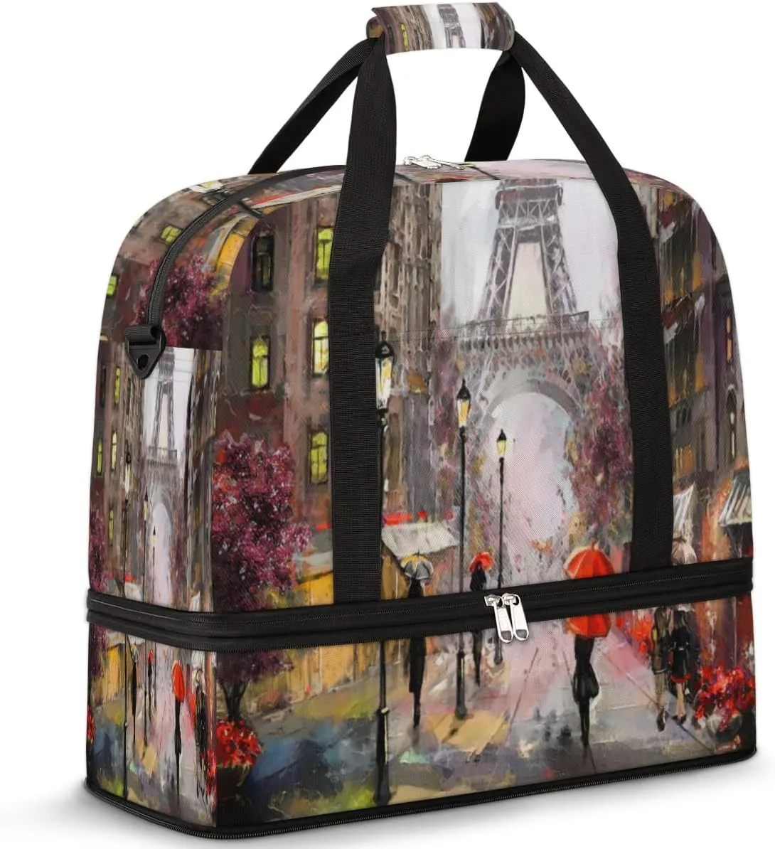 Oil Painting Paris Travel Duffel Bag for Women Men, France Eiffel Tower Sports Gym Bag with Shoes Compartment Foldable Overnight Bag Weekender Tote Workout Carry On Luggage Bag