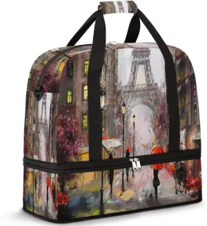 Oil Painting Paris Travel Duffel Bag for Women Men, France Eiffel Tower Sports Gym Bag with Shoes Compartment Foldable Overnight Bag Weekender Tote Workout Carry On Luggage Bag