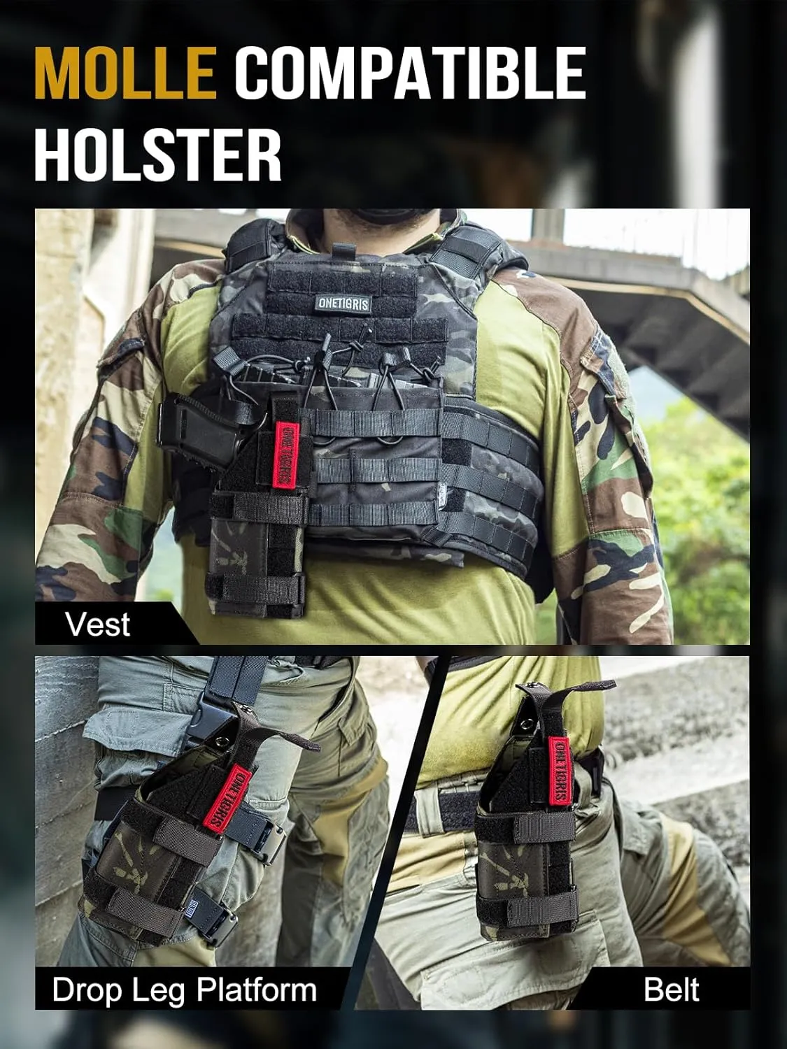 OneTigris Gun Holster Right Handed Nylon Pistol Holster for Most Compact Medium Full Size Pistol 1911 Glock17/19/20/21/45 M&P Shield 9mm with Under Barrel Attachment