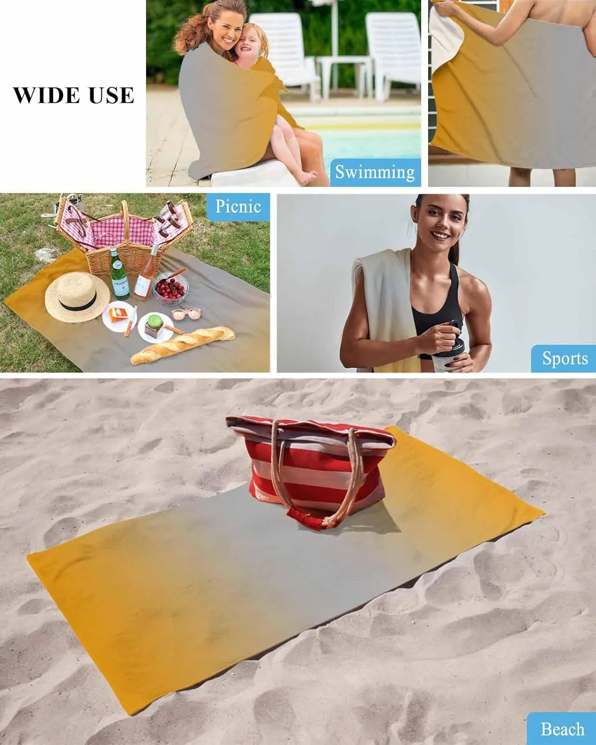 Orange with Grey Beach Towel 31"x61" Microfiber Beach Towels Oversized Sand Free Quick Dry Beach Towel/Bath Towels/Yoga Towel/Pool Towels/Travel Towel for Women Men Girls Kids-Gradient