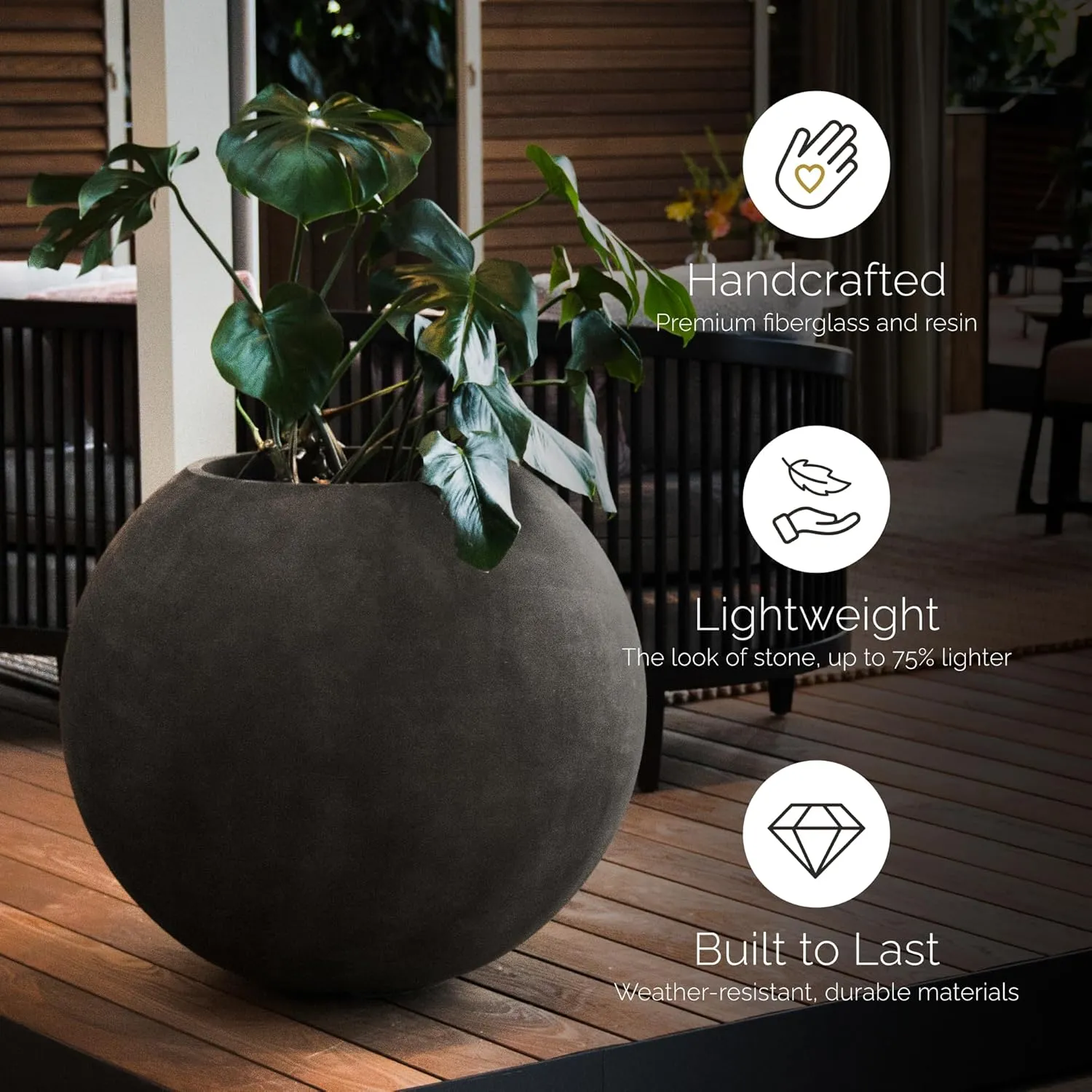 Orbo Globe Sphere Planter – Grey Stone Finish – Fiberglass Indoor/Outdoor and Weather-Resistant Round Planter (23.6" D x 21.1" H Exterior, 23.2" D x 20.5" H Interior)
