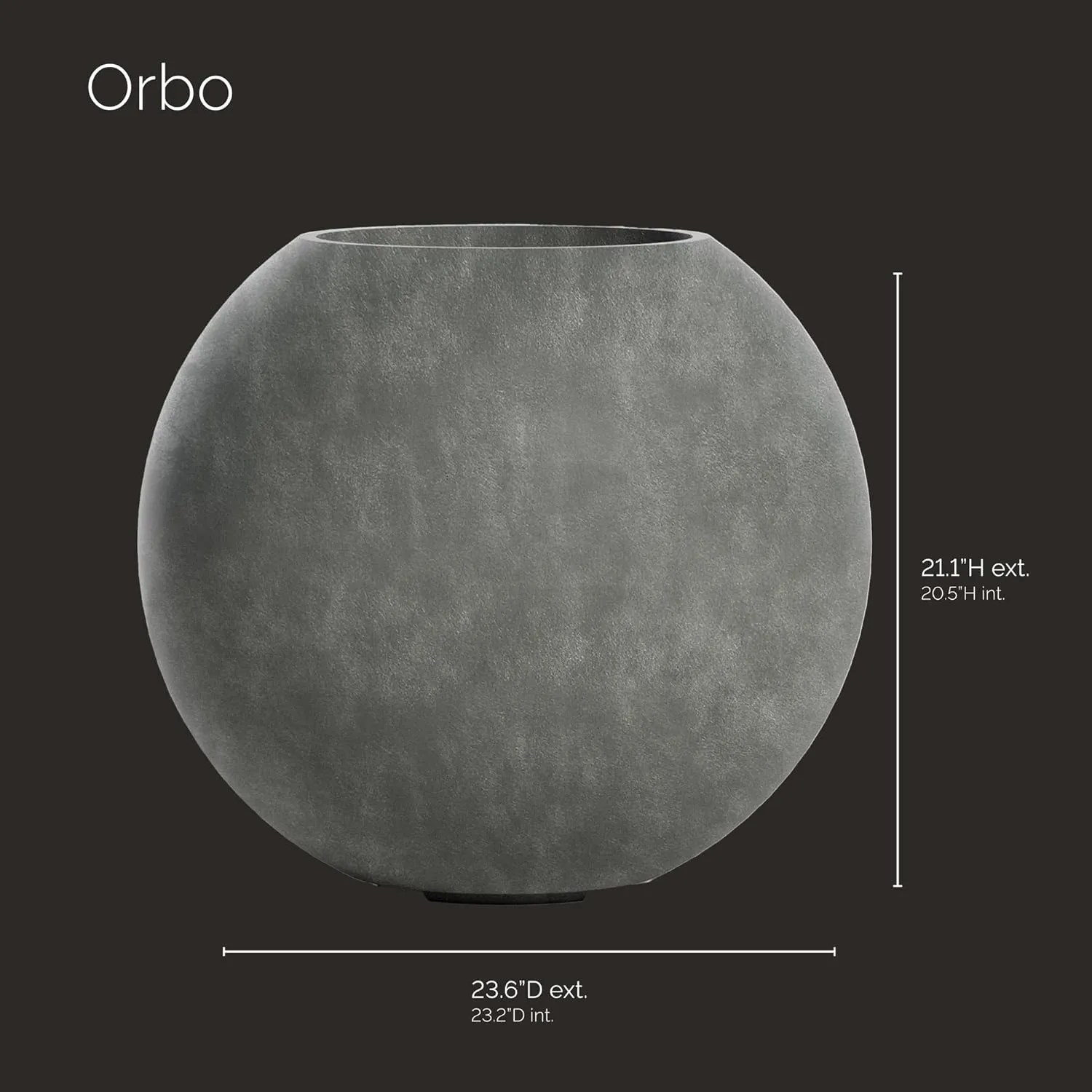 Orbo Globe Sphere Planter – Grey Stone Finish – Fiberglass Indoor/Outdoor and Weather-Resistant Round Planter (23.6" D x 21.1" H Exterior, 23.2" D x 20.5" H Interior)
