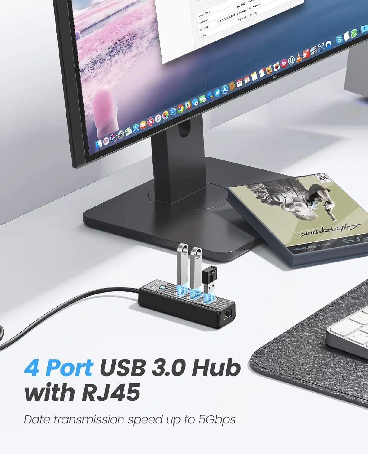 ORICO USB Hub Ethernet, 4 Port USB 3.0 Hub, USB-A to Gigabit Ethernet Adapter with 3 USB 3.0 Hub for Laptop, USB Hub 3.0 with RJ45 10/100/1000 Gigabit -PW3UR-05 (Black（1M）)
