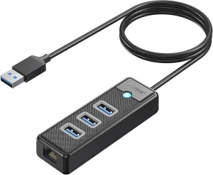ORICO USB Hub Ethernet, 4 Port USB 3.0 Hub, USB-A to Gigabit Ethernet Adapter with 3 USB 3.0 Hub for Laptop, USB Hub 3.0 with RJ45 10/100/1000 Gigabit -PW3UR-05 (Black（1M）)