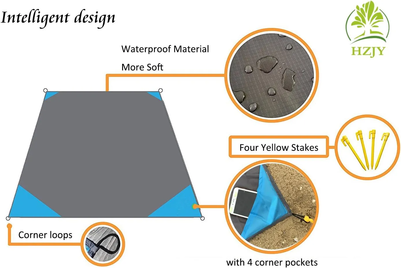 Outdoor Blanket (71" x 55") -Compact, Lightweight, Sand Proof Pocket Blanket Best Mat for The Beach, Hiking, Travel, Camping, Festivals with Pockets, Loops, Stakes, Carabiner
