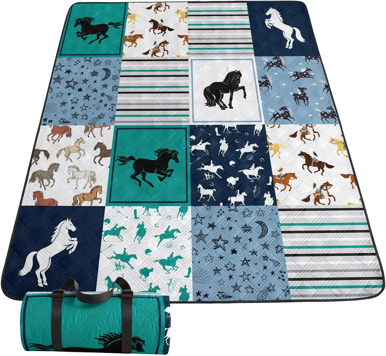 Outdoor Picnic Blanket,Portable Sandproof Waterproof Picnic Mat,Checkerboard Horses Printed Camping Beach Mat for Sand and Wet Grass Hiking (Checkerboard Horses S)