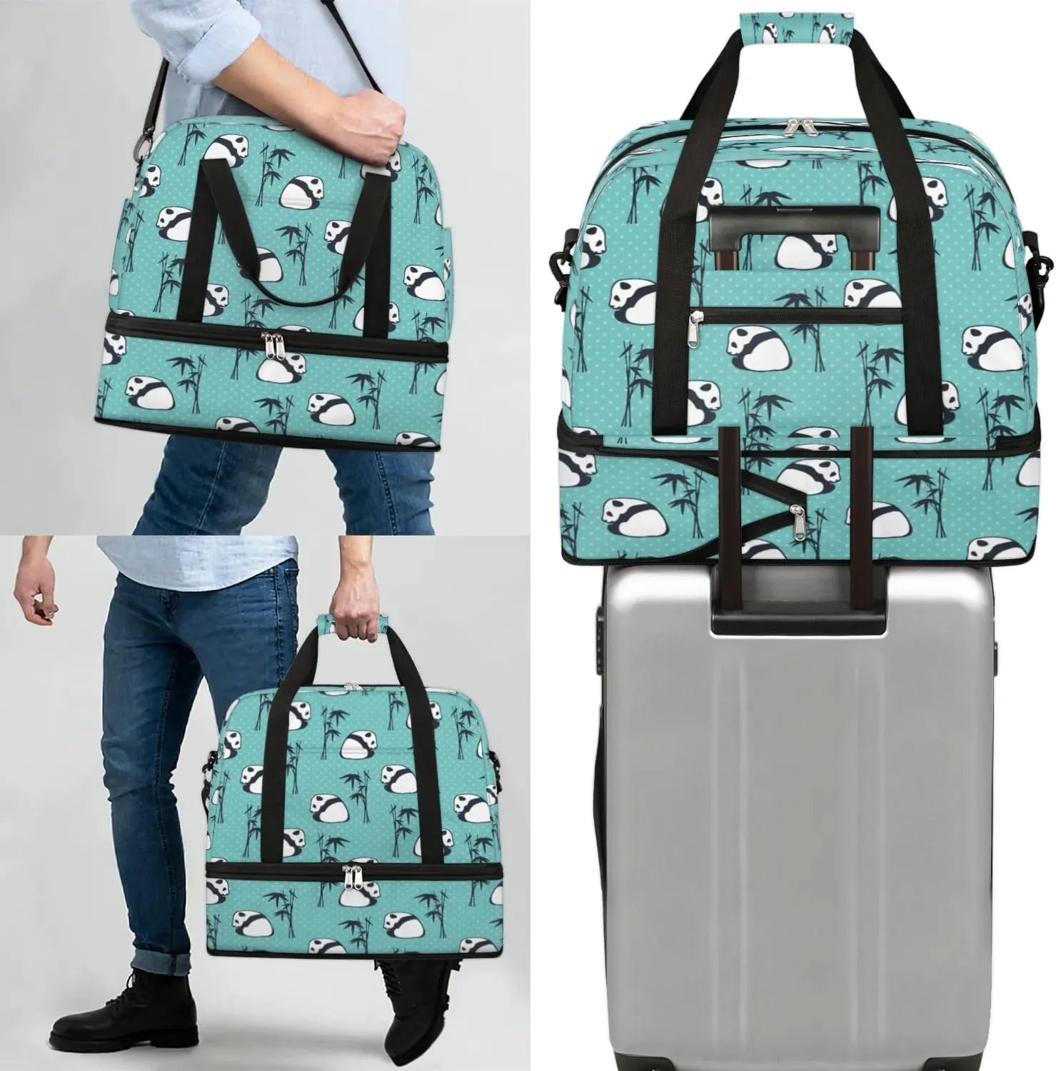Panda Bamboo Sports Gym Bag with Shoes Compartment Foldable Travel Duffel Bag Dry Wet Separated Sports Tote Workout Weekender Overnight Bag for Women Yoga Dance Work Training Handbag
