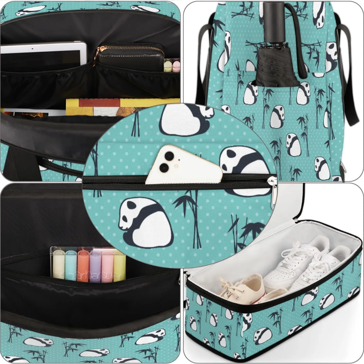 Panda Bamboo Sports Gym Bag with Shoes Compartment Foldable Travel Duffel Bag Dry Wet Separated Sports Tote Workout Weekender Overnight Bag for Women Yoga Dance Work Training Handbag
