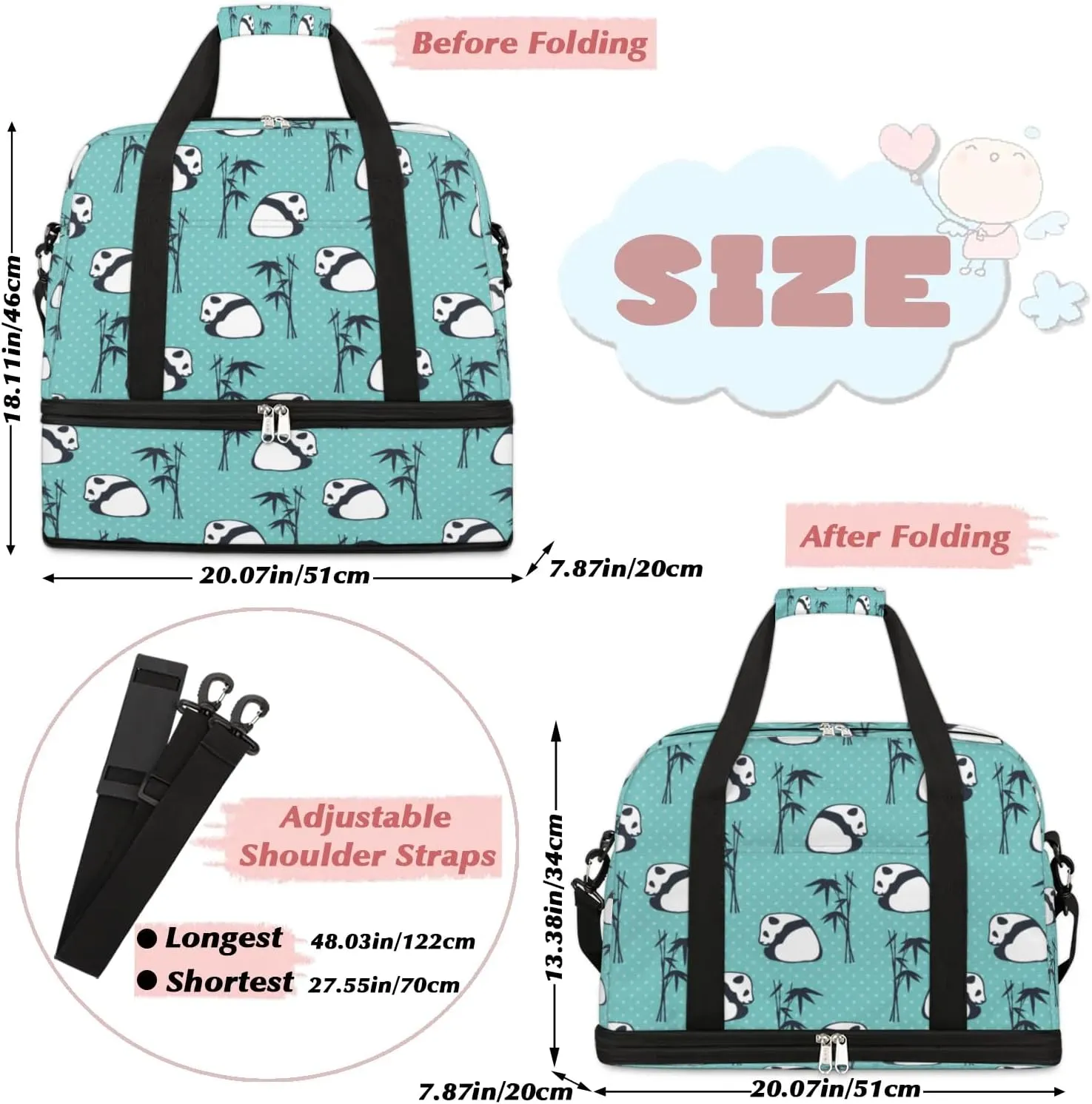 Panda Bamboo Sports Gym Bag with Shoes Compartment Foldable Travel Duffel Bag Dry Wet Separated Sports Tote Workout Weekender Overnight Bag for Women Yoga Dance Work Training Handbag
