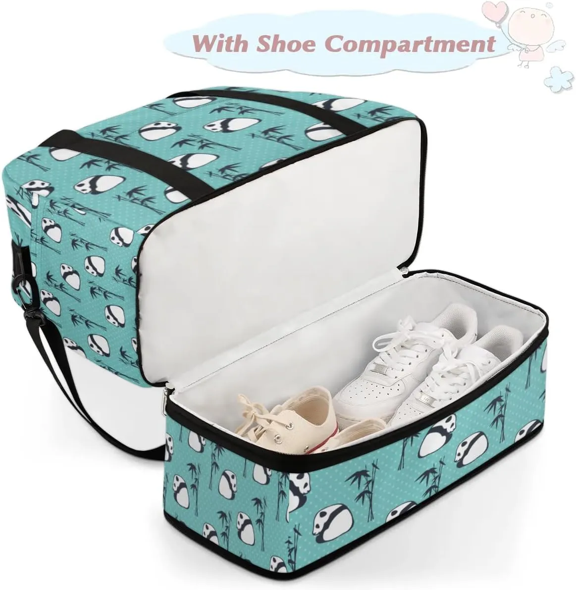 Panda Bamboo Sports Gym Bag with Shoes Compartment Foldable Travel Duffel Bag Dry Wet Separated Sports Tote Workout Weekender Overnight Bag for Women Yoga Dance Work Training Handbag