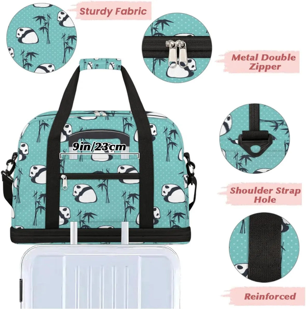 Panda Bamboo Sports Gym Bag with Shoes Compartment Foldable Travel Duffel Bag Dry Wet Separated Sports Tote Workout Weekender Overnight Bag for Women Yoga Dance Work Training Handbag