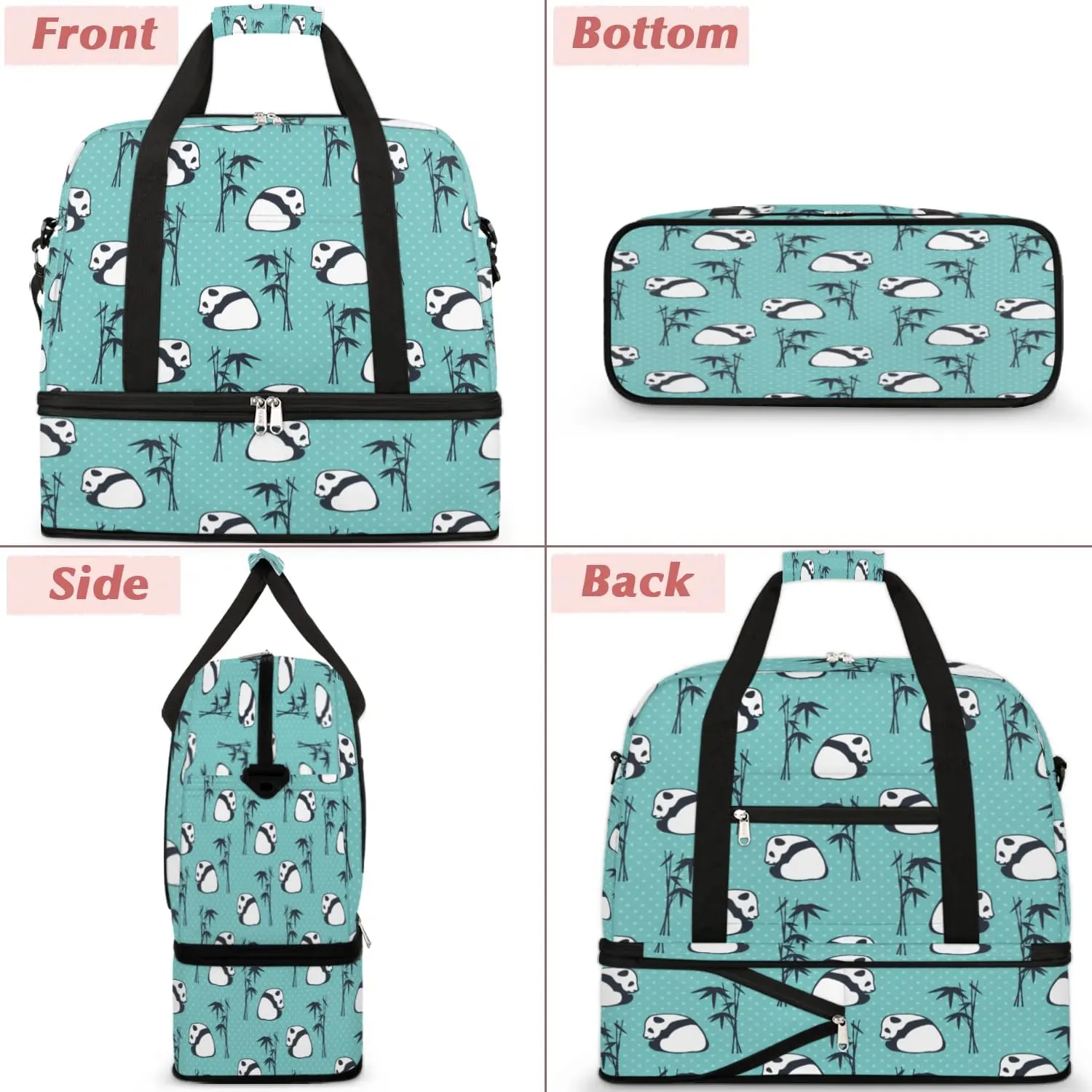 Panda Bamboo Sports Gym Bag with Shoes Compartment Foldable Travel Duffel Bag Dry Wet Separated Sports Tote Workout Weekender Overnight Bag for Women Yoga Dance Work Training Handbag
