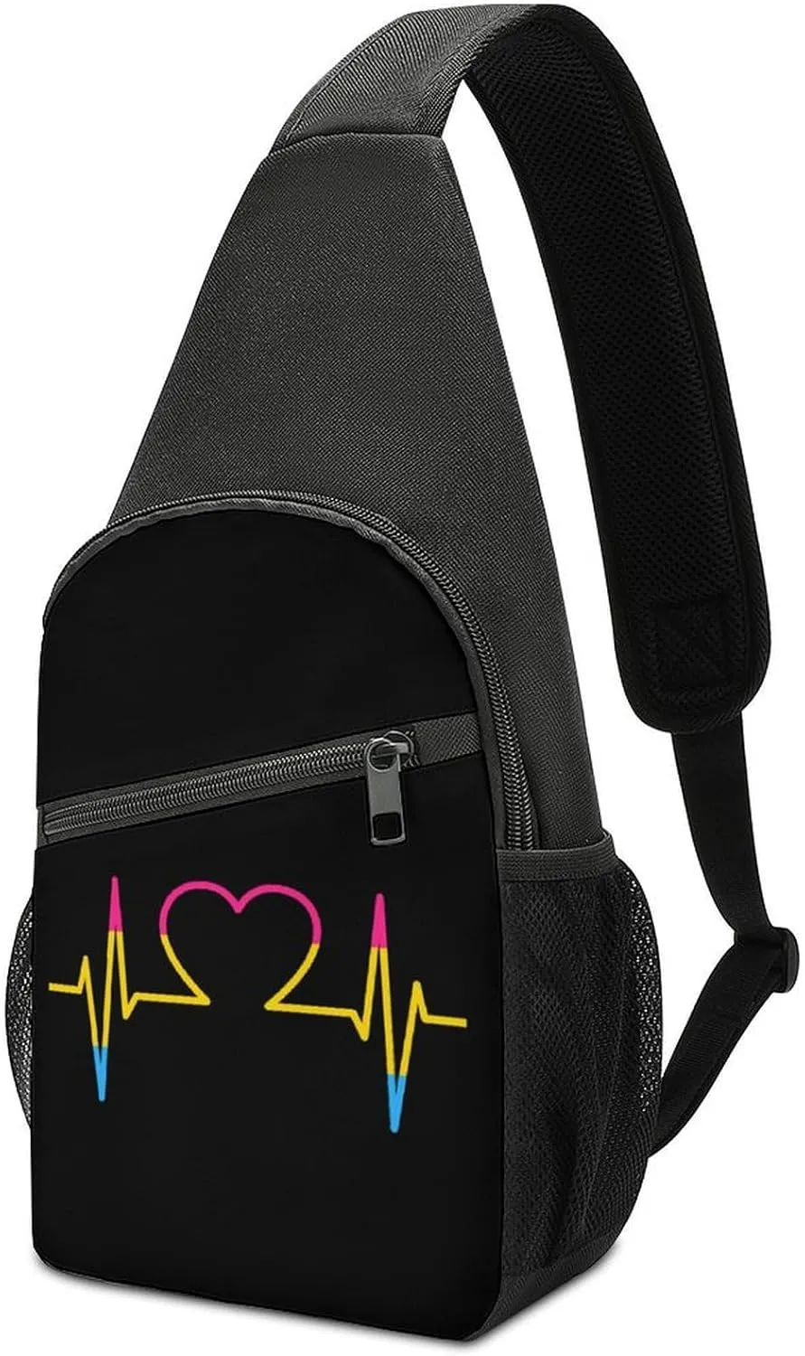 Pansexual Flag Heartbeat Chest Bag for Men Small Sling Backpack Crossbody Sling Bags for Outdoors Hiking Traveling