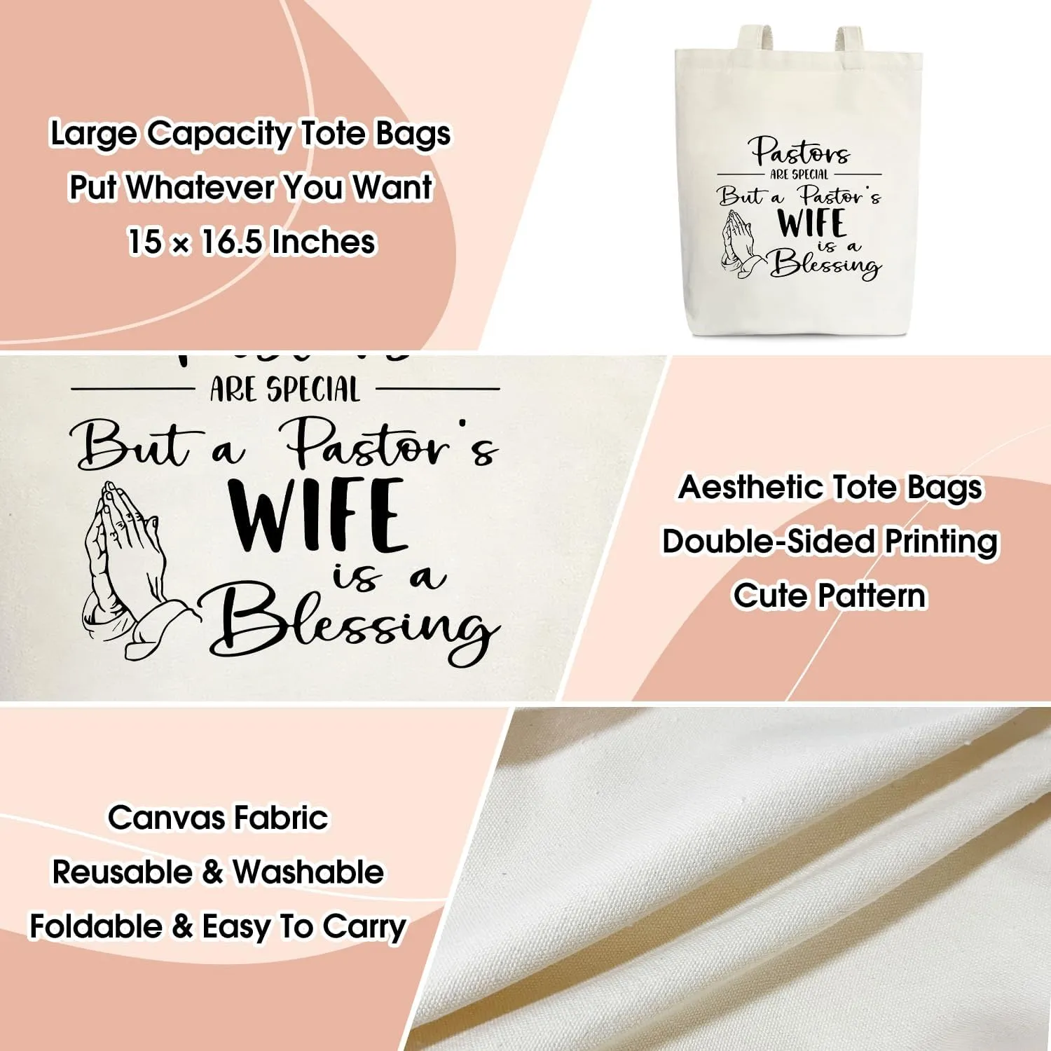 Pastor's Wife Appreciation Tote Bag for Women - Christian Gifts Canvas Tote Bag Reusable Grocery Beach Shoulder Bag