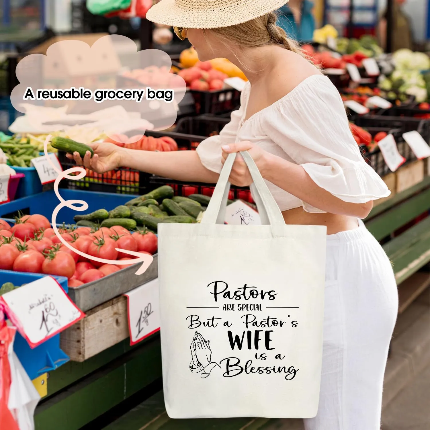 Pastor's Wife Appreciation Tote Bag for Women - Christian Gifts Canvas Tote Bag Reusable Grocery Beach Shoulder Bag